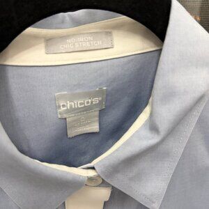 Chico's No Iron, Blue and White tunic, 3/4 sleeve button shirt, Size 0 (US6S)